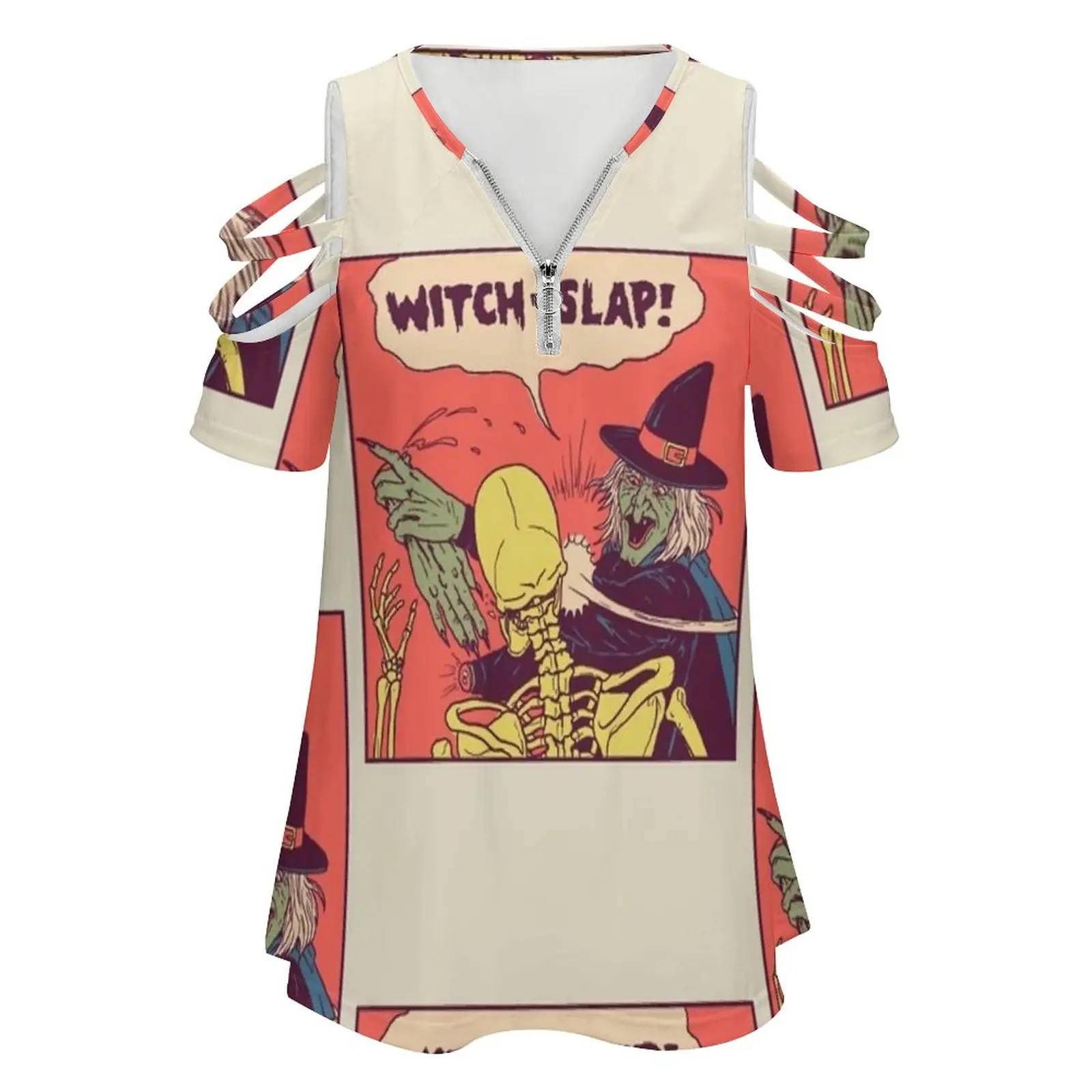 Witch-Slap Women Zipper Sexy Printed Vintage T Shirts Tops Full Print T-Shirt Witch Spoopy Hand Halloween Comic Panel Vintage