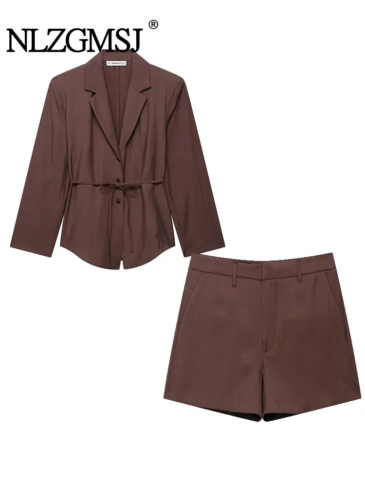 

2025 летние повседневные однотонные шорты для женщин, комплекты из 2 предметов, модный блейзер на талии со шнуровкой, пальто, топы, элегантный комплект для поездок на работу