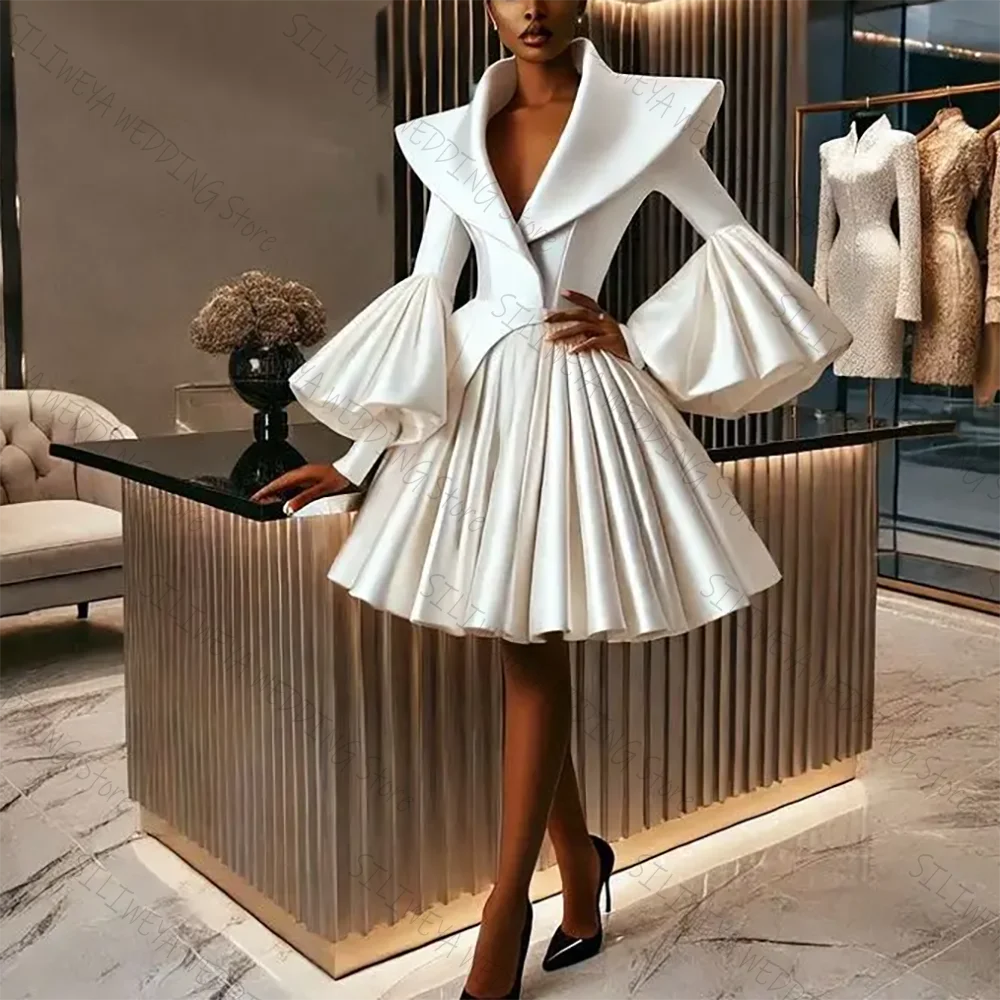 

Elegant White Fashion Pleated Chic Prom Dresses A-Line Long Sleeves Knee-Length Female Party Evening Gown