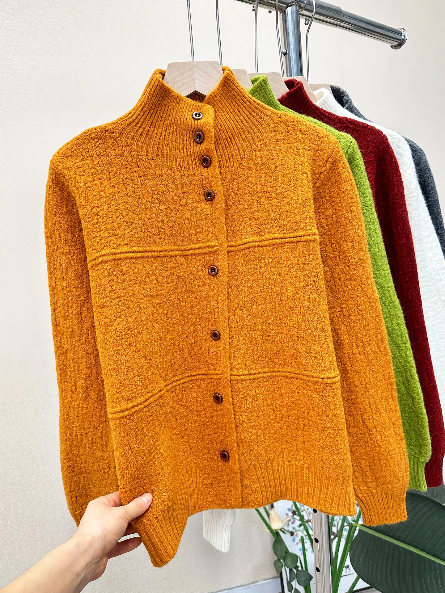 Korean Sle Women's Knitted Cardigan 0g Soft Long Sve  Color Button up Stand Collar Texture Sensation Sweater Coat