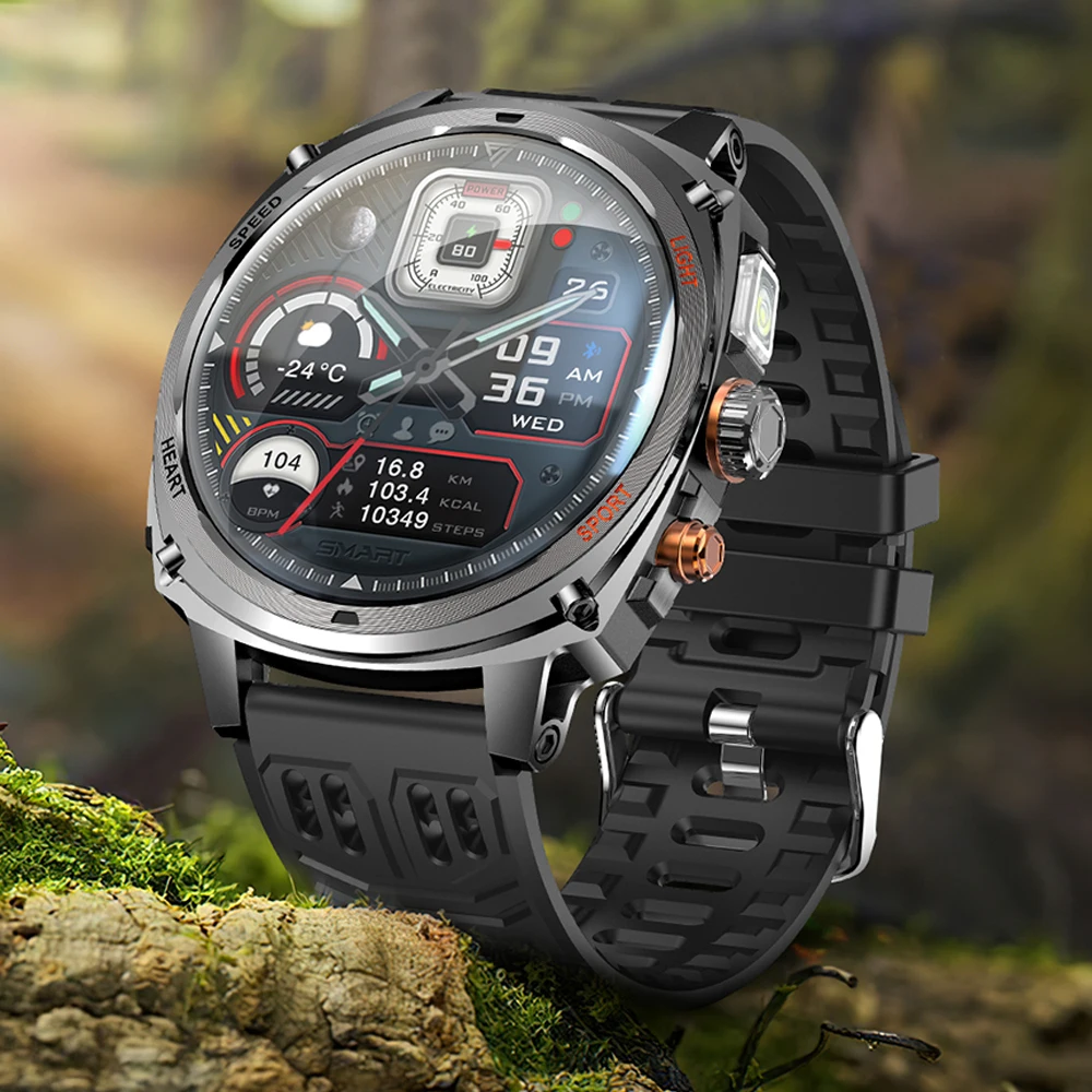 

Тактические спортивные часы для мужчин, водонепроницаемые до 30 м, с фонариком, аккумулятором 800 мАч, Bluetooth-вызовами, умные часы с мониторингом здоровья