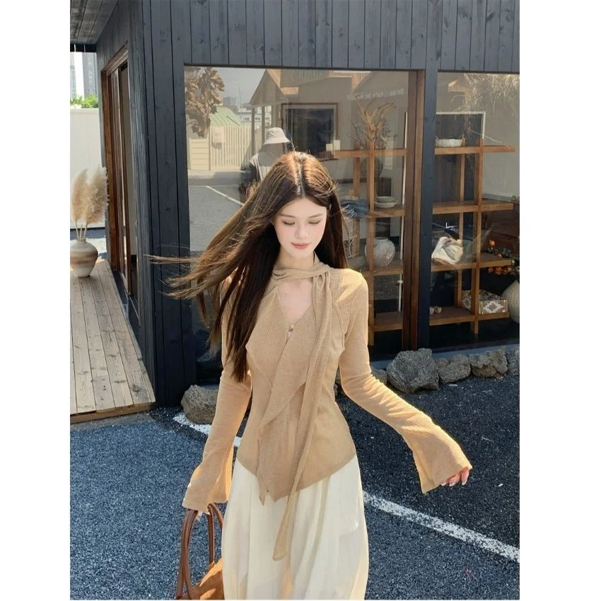 

Модный женский топ с V-образным вырезом и длинным рукавом, приталенный, с защитой от солнца, осенняя коллекция 2025, повседневный стиль