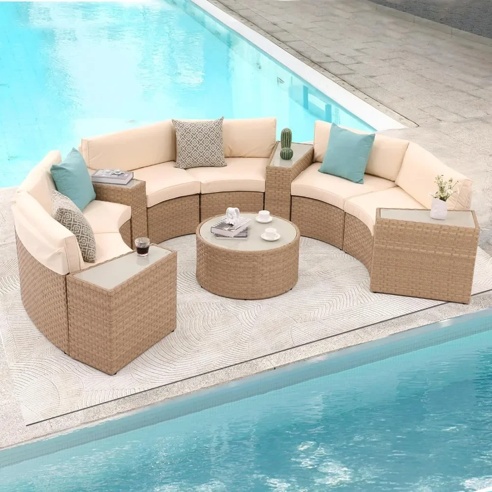 

11-Piece Half-Moon Sectional Round Patio Furniture Set Curved Outdoor Sofa with Tempered Glass Round Coffee Table, 4 Pillows