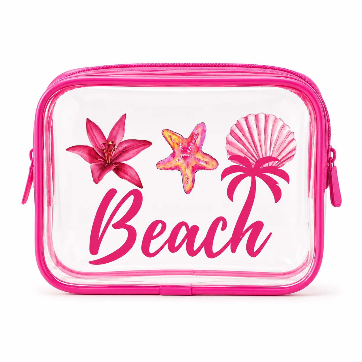 Pink Beach Print Clear PVC Makeup Bag, Waterproof Travel Cosmetic Organizer Pouch for Women Toiletry Skincare Storage