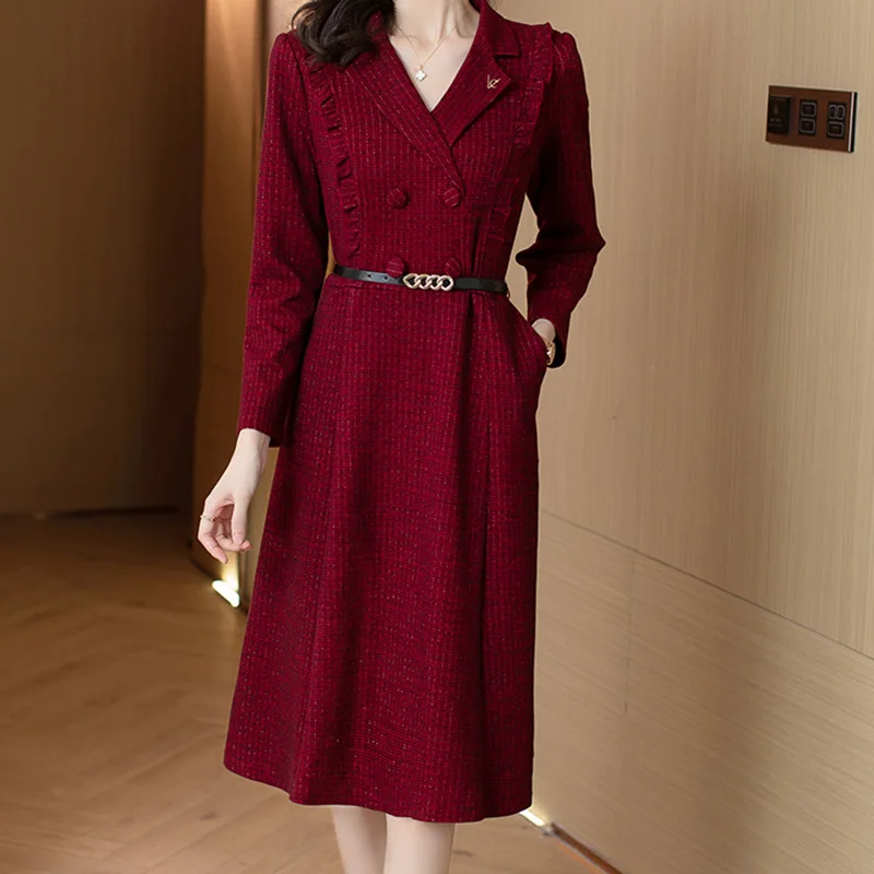 EVNISI Spring Women Vintage Tweed Dress With Belt Button Long Sleeved Casual Office A-line Dresses Women Party Vestido 2024