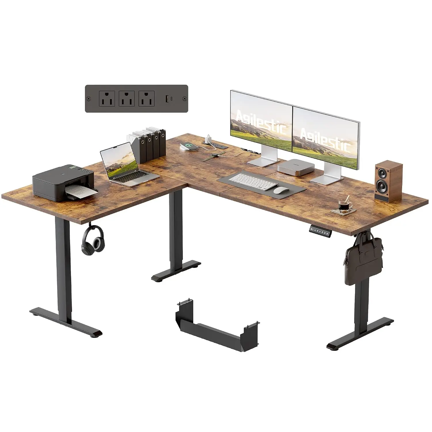 L Shaped Standing Desk with Powerstrip 63x55 Inch Rustic Brown, Customized