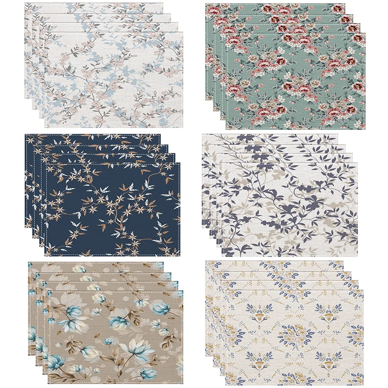 Fresh Floral Linen Placemat, Farmhouse Style, Washable, Kitchen & Dining Table Decorative Mat