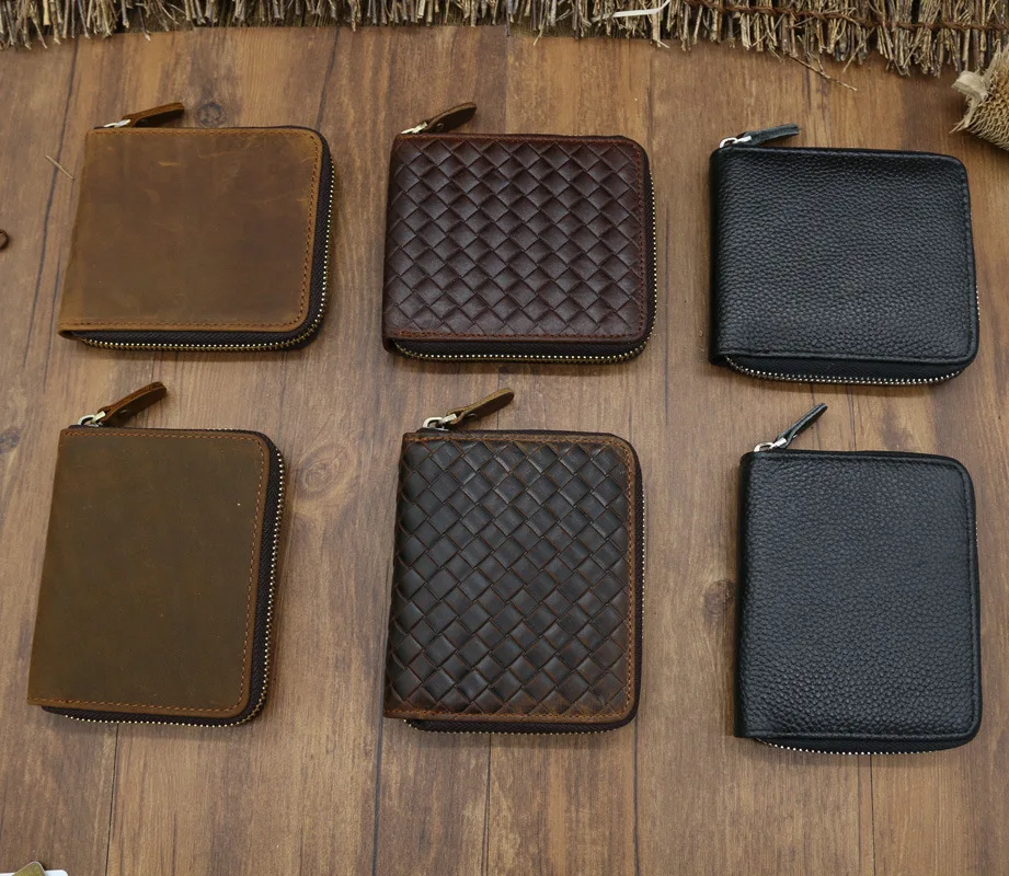 

Genuine Leather Men's Short Wallet Retro Casual Crazy Horse Leather Wallet Black Zipper Change Card Bag