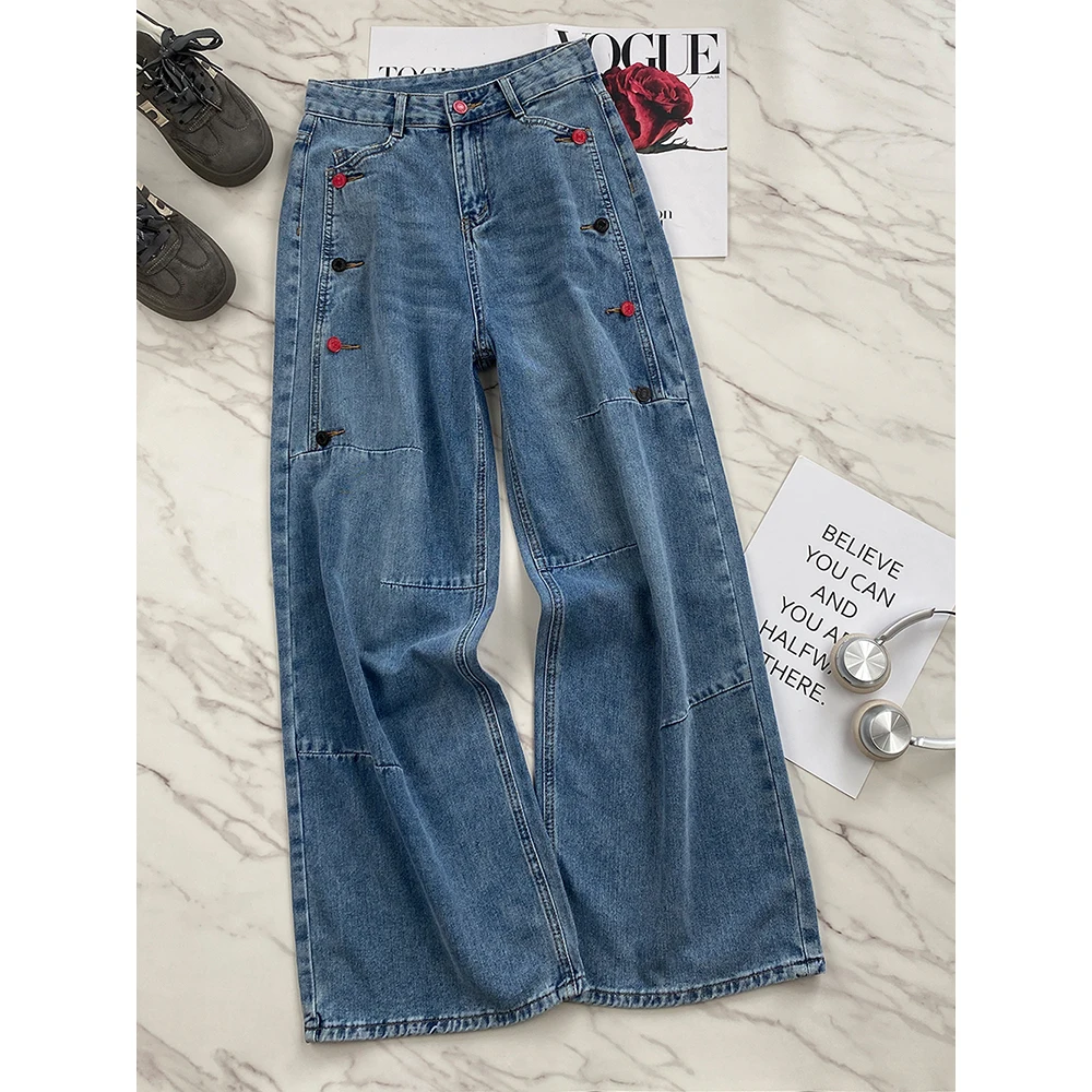 Colorful Buckle Design Blue Jeans for Women Spring Autumn High Waist Straight Loose Trousers 2026 New Casual Denim Pants