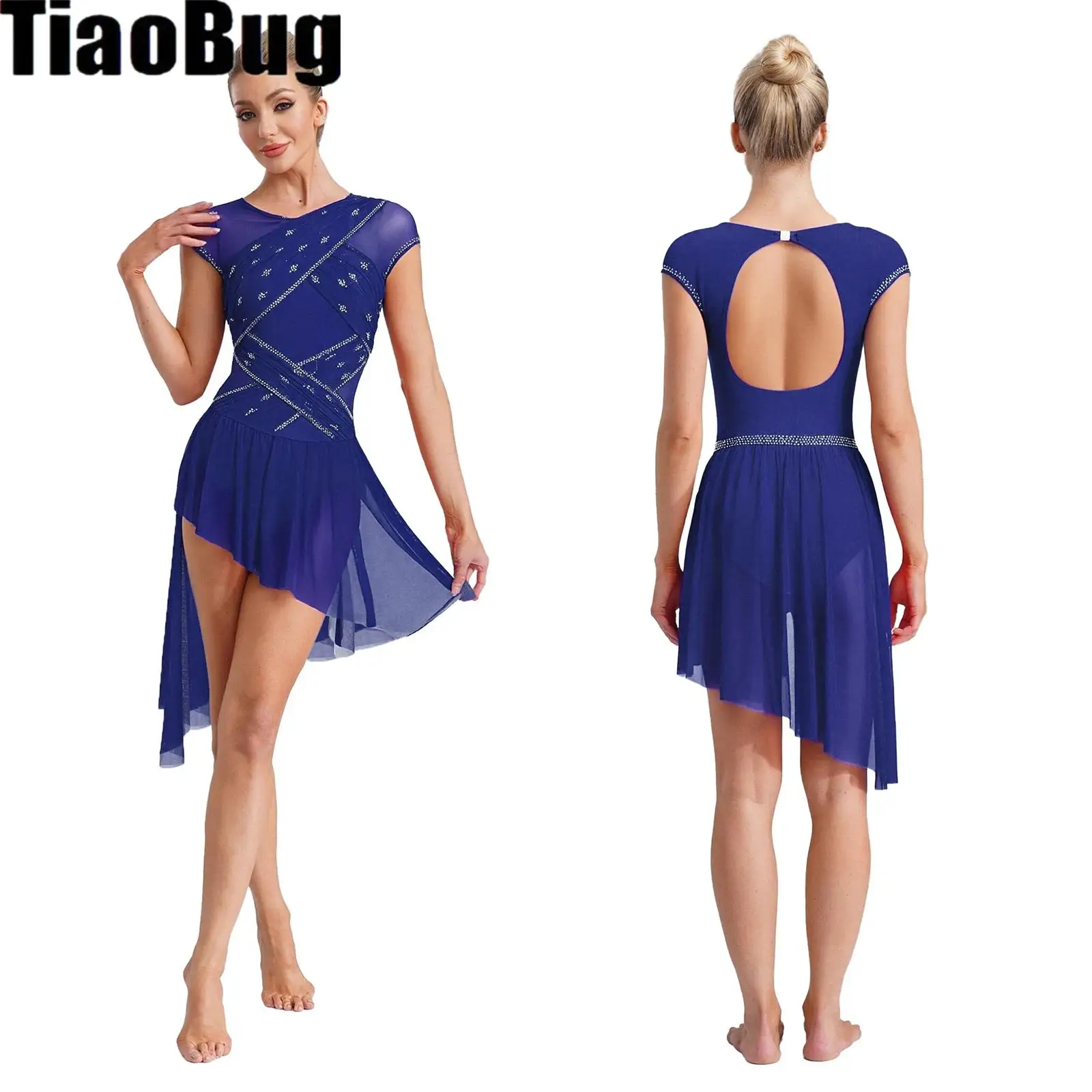 

Womens Figure Skating Dance Leotard Dress Ruched Mesh Overlay with Rhinestone Irregular Hem Crotch Bodysuit Dress for Lyrical