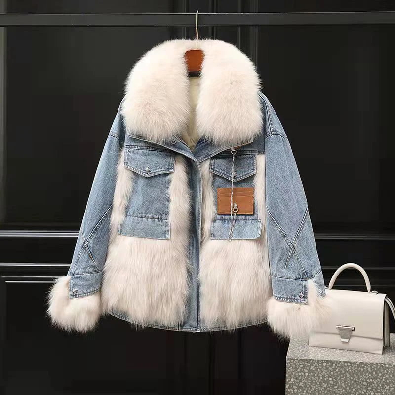 

KBAT 2023 Women Winter Fashion Thick Faux Fox Fur Jackets Female Patchwork Denim Coats Ladies Long Sleeve Loose Warm Outwear