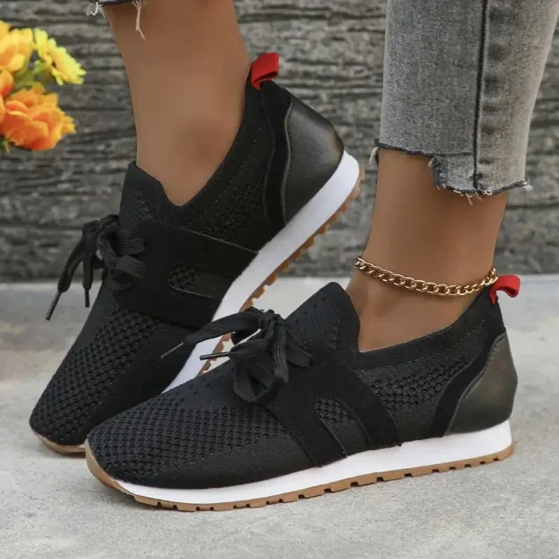 Zapatillas de deporte planas de punto transpirables para mujer, zapatos ligeros sin cordones para caminar, Tenis femeninos para primavera y otoño, 2024