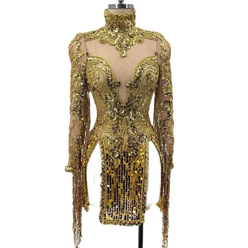 Robe de danse latine à franges pour femmes, tenue de chanteur, fête sexy, paillettes transparentes, costume de drag queen