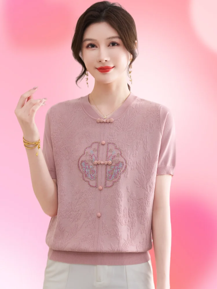 

Summer Knitted Loose Style Chinese National Fashion Mommy's Day T-Shirt Women's Loose Fit Button up Short Sleeve Top