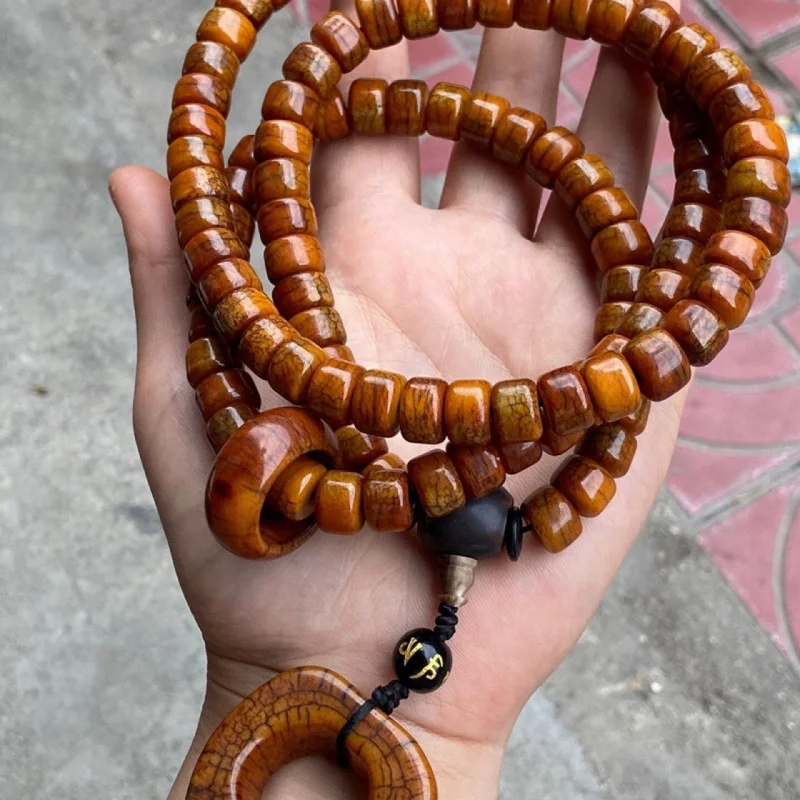 Traditional Tibetan folk style, aged patinated yak bone 108-bead Buddhist prayer beads, gift for collection and connection