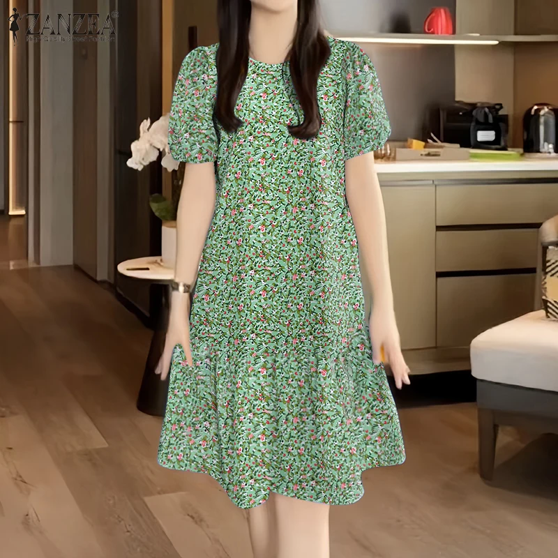 2026 ZANZEA Summer Floral Printed Dresses Women Elegant Casual Holiday Party Dress Stylish Short Sleeve Work Knee Length Robe
