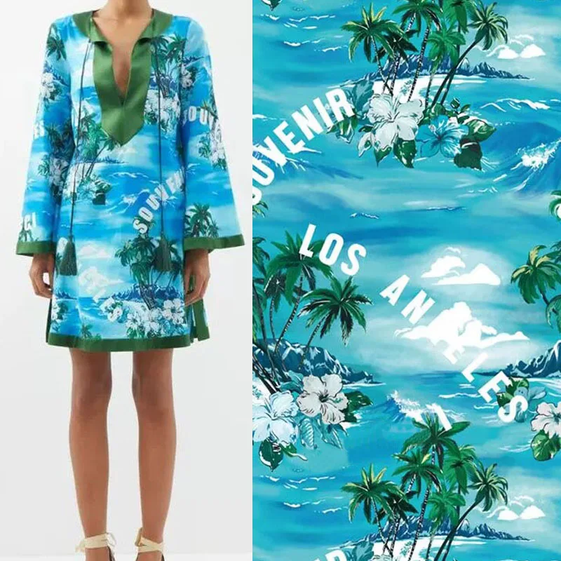 Europeu e americano oceano/coqueiro/flor impresso imitar tecido de cetim de seda para as mulheres vestido blusa calças artesanais diy