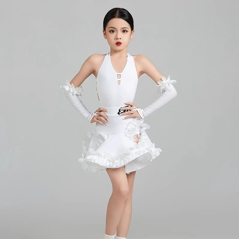 

Customized 4Pcs Girls Latin Dance Dress Women's White Practice Clothes Simple Performance Wear Cowboy Samba Bullfighting Rumba