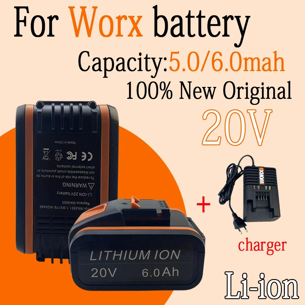 

For Worx 20V 5000mAh/6000mAh Lithium Ion Battery for WA3551 WA3553 WA3641 WX373 Cordless Electric Tools Replacement Battery