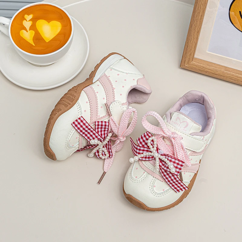 Toddler Girls Retro Sneakers, Detachable Plaid Bow Pearl Trainers, Velcro Non Slip Walking Shoes for Little Kids Daily Wear