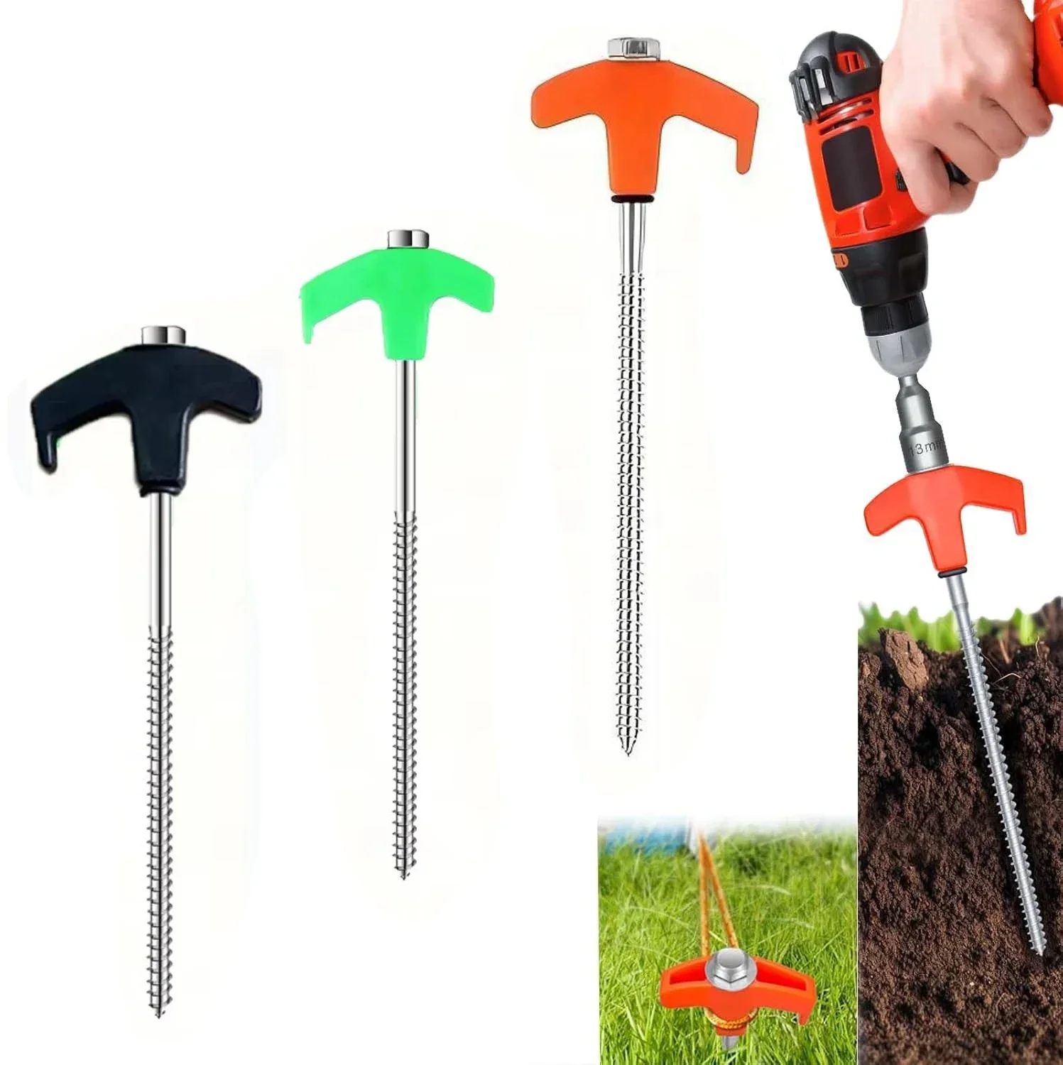 

4pcs Outdoor Tent Nail 20/25/30cm Screw Anchor Stakes Pegs Screws In, Tents Peg Ground Nails Carbon Steel Hexagonal Plastic Head