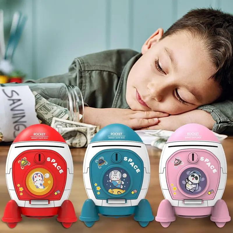 Rocket Piggy Bank with Key Switch Large Capacity Coin Money Box Cartoon Bunny Astronaut Pattern Stickers Birthday Gift for Kids