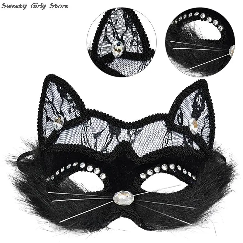 Sexy Black Cat Lace Mask Crystal Fancy Dress Party Masquerade Masks Women Cosplay Costume Role Play Prop Performance Eyes Cover