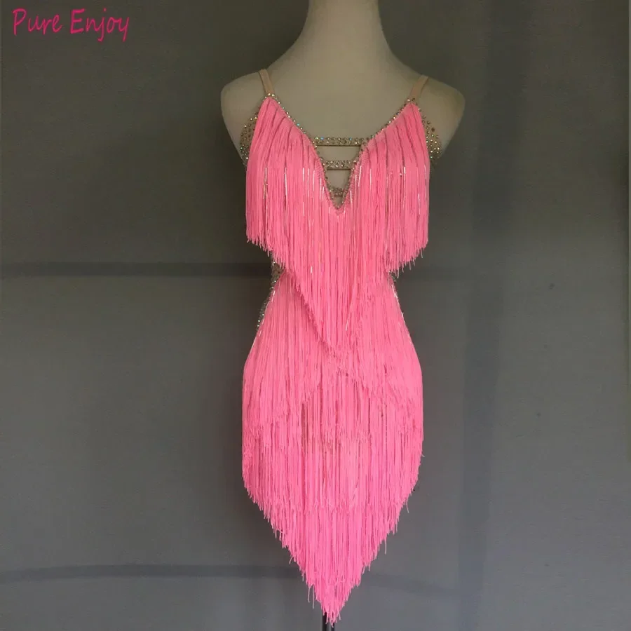 Ropa de baile para niños, vestido de diamante flash hecho a medida, traje de competición de actuación de baile latino, vestido halter Rosa sexy para damas