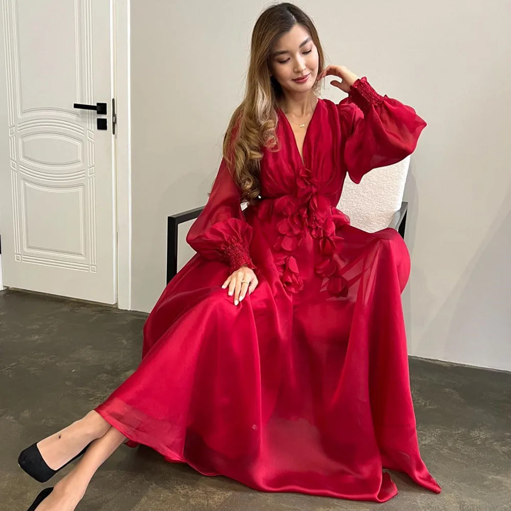 

Customized Ball Elegant Prom Gown V-Neck Full Sleeves Ankle-Length 3D Applique Solid Color Modern Daily Dresses For Women Vestid