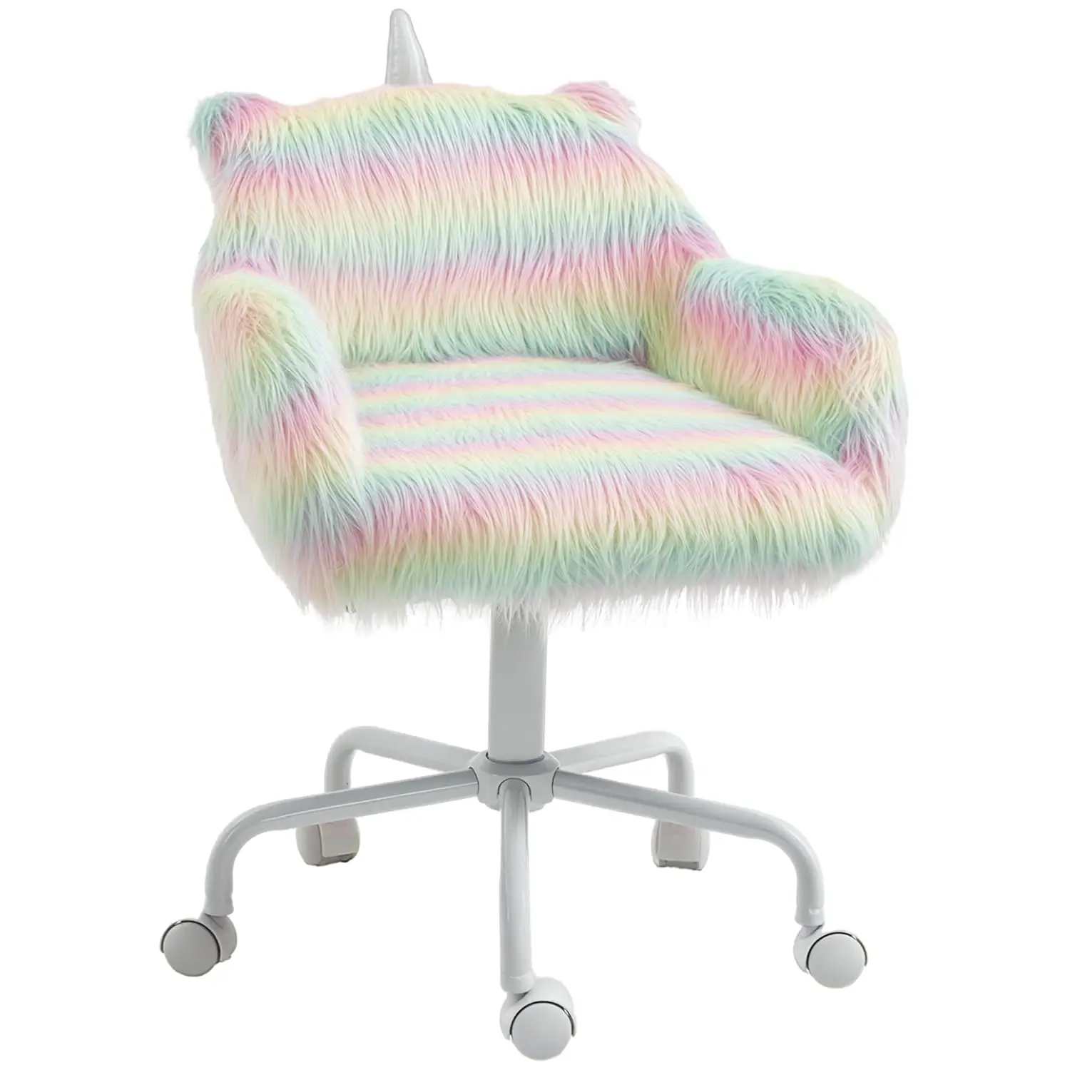 Fluffy Unicorn Office Chair, Mid-Back Support, Rainbow | with Armrest Support, 5 Star Swivel Wheel, White Base, Customized