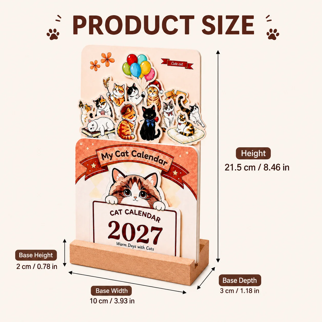 2027 Cute Cat Desk Calendar with Wooden Stand 3D Animal Desktop Planner Monthly Calendar for Home Office School Desk Decoration