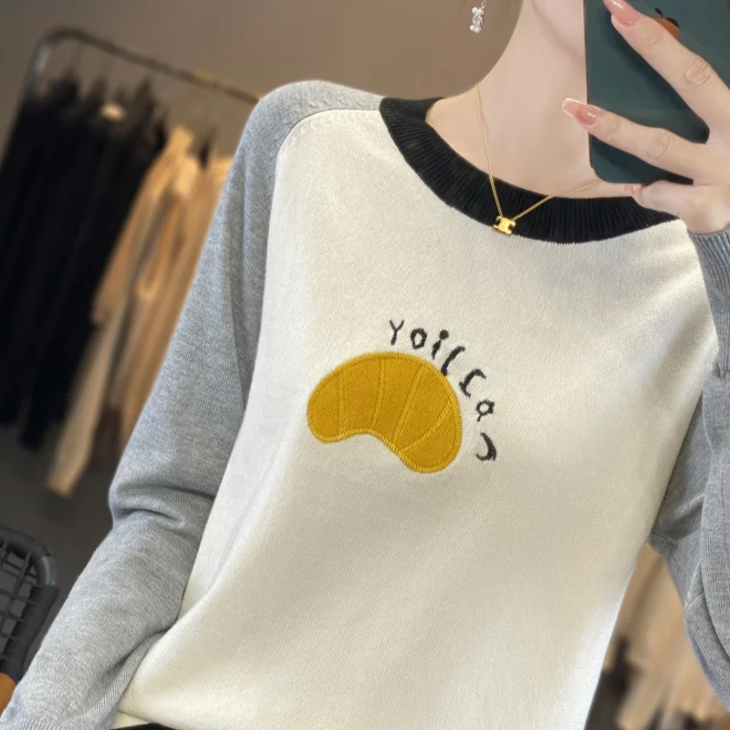 

Fine imitation wool sweater women's round neck pullover casual color blocked embroidered knitted sweater long sleeved thin desig