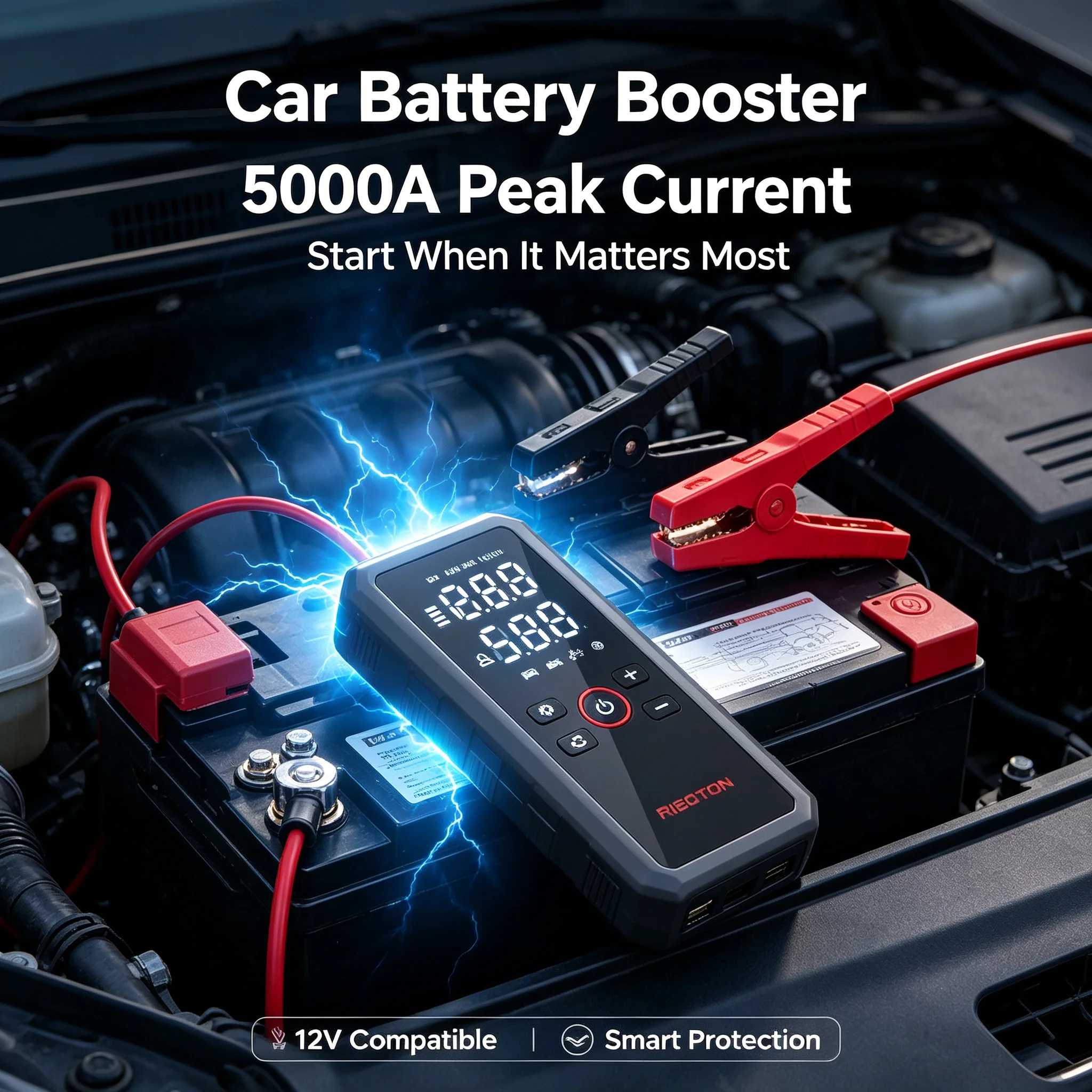 12V Car Jump Starter 5000A Portable Power Bank 150PSI Air Pump Tire Inflator Auto Battery Booster LED Lighting