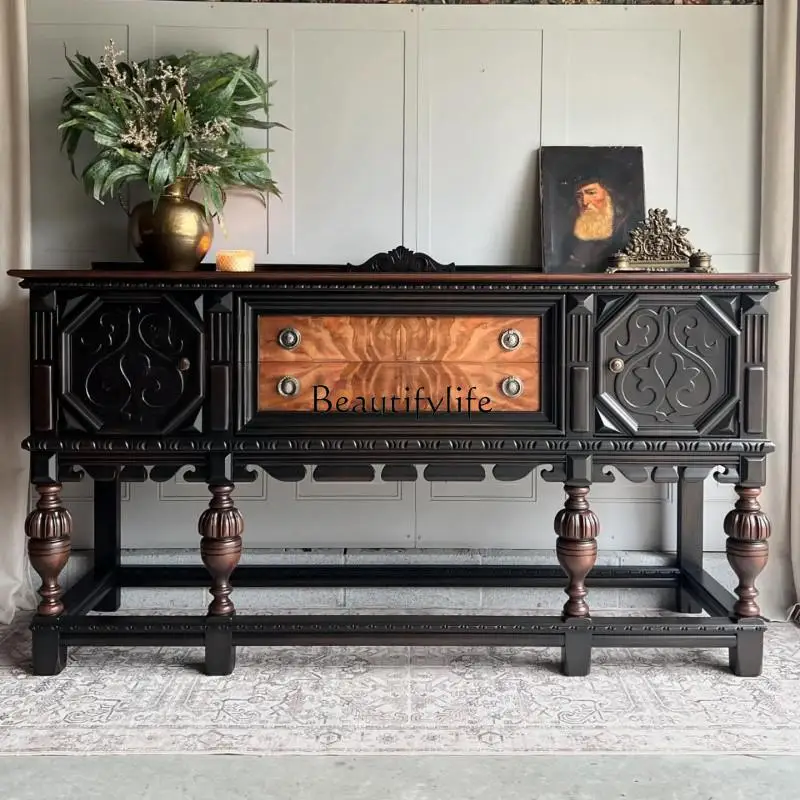 

French Retro Decorative Entryway Cabinet Solid Wood Carved Storage Living Room Wall-Mounted American Style Sideboard