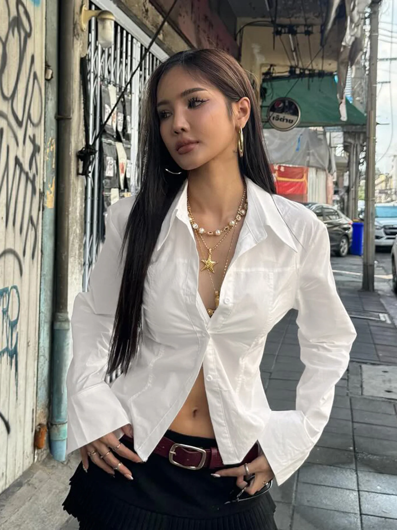 

Seductive Blouse Waistline Gathered Adjustable Blouse Lightweight Translucent Lapel Blouse Cropped Shorter Ruffled Top