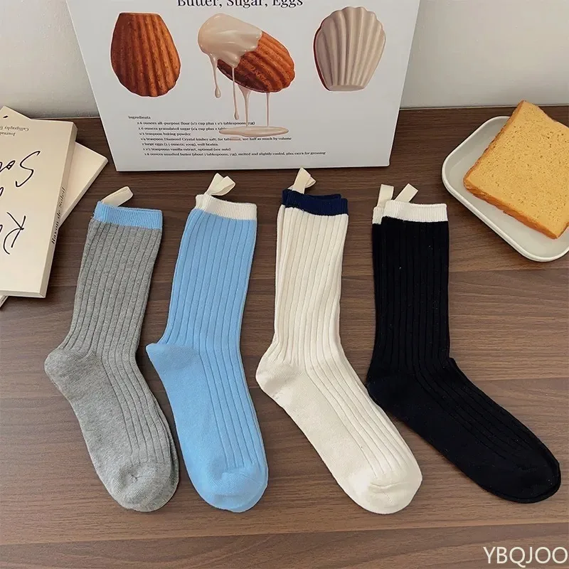 4 pairs Women's new spring autumn fashion versatile solid color mid tube socks women's casual comfortable pile socks