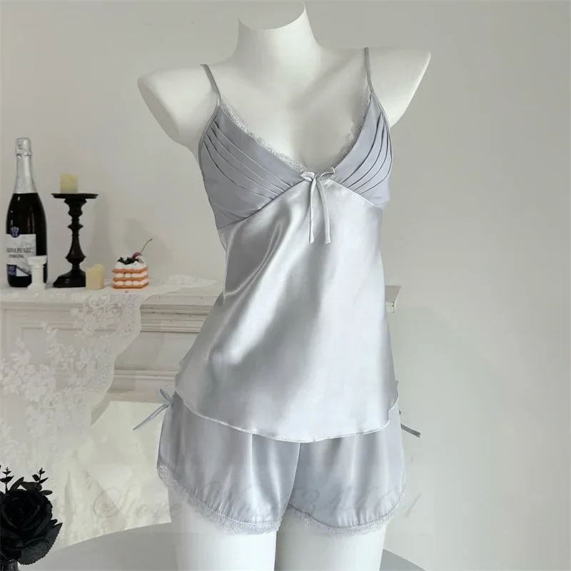 

Plus Size Women's Pajamas Two-Piece Suspender Pijamas Suit Strap Top&shorts Summer Ice Silk Sleepwear Lingerie Sexy Home Wear