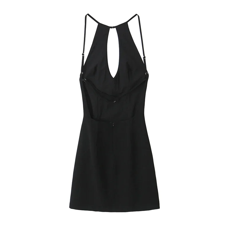 TRAF-Vestido corto negro con espalda descubierta para mujer, minivestido Halter sin mangas, Sexy, para fiesta de verano, 2024