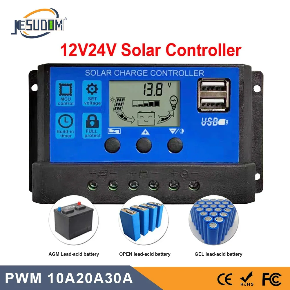 Solar Panel Controller 10A20A30A 12V24V Auto Battery Charge Regulator PWM Controller LCD Dual USB for PV Home