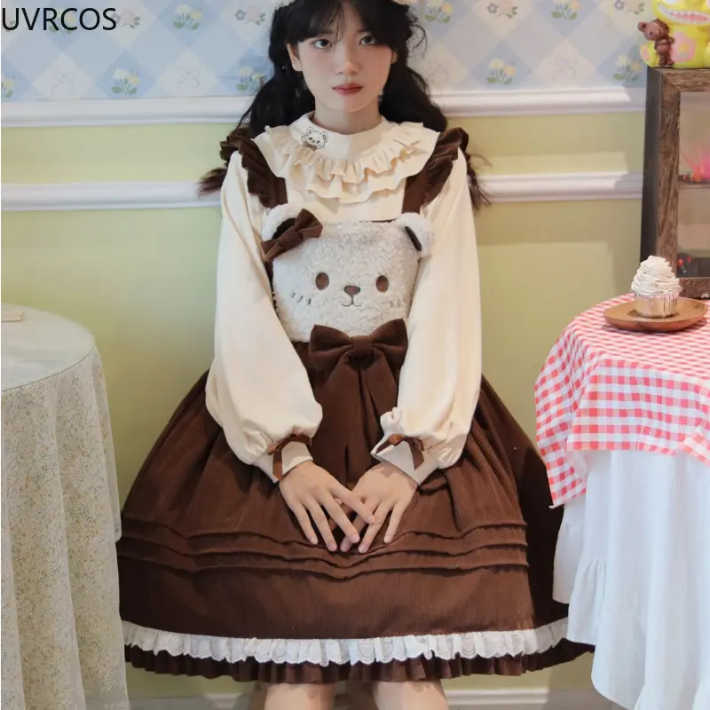 Vestido japonés de pana Lolita Jsk para mujer, vestidos de fiesta con lazo de oveja bordado de oso Panda, Kawii, Otoño e Invierno