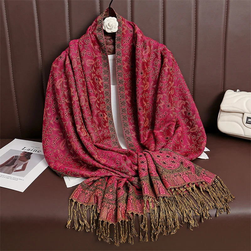 Paisley Pashmina Shawl Scarf Women Jacquard Cashew Printed Scarves Flowers Borders Female Tassel Blanket Wraps Ethnic Shawls