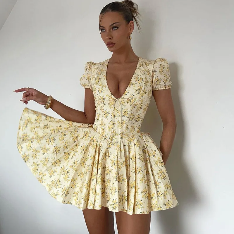 

2025 Summer Elegant Outfits Party Vacation Floral Print V Neck Short Sleeve Lace Up Zip Up Sexy Slim Pleated Mini Dress