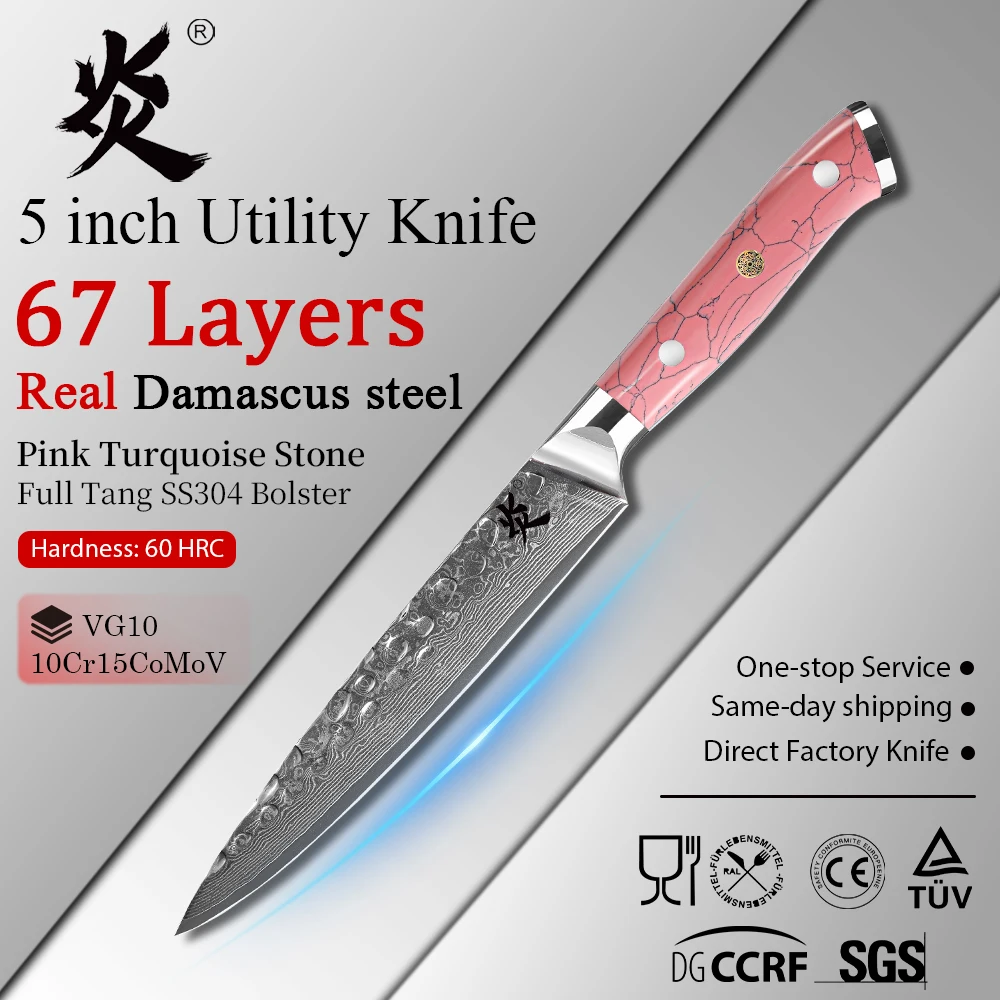 YAN Professional 5 Inch Japanese Damascus Chef Kitchen Knife AUS-10 Portable Utility Knife Pink Turquoise Resin Handle
