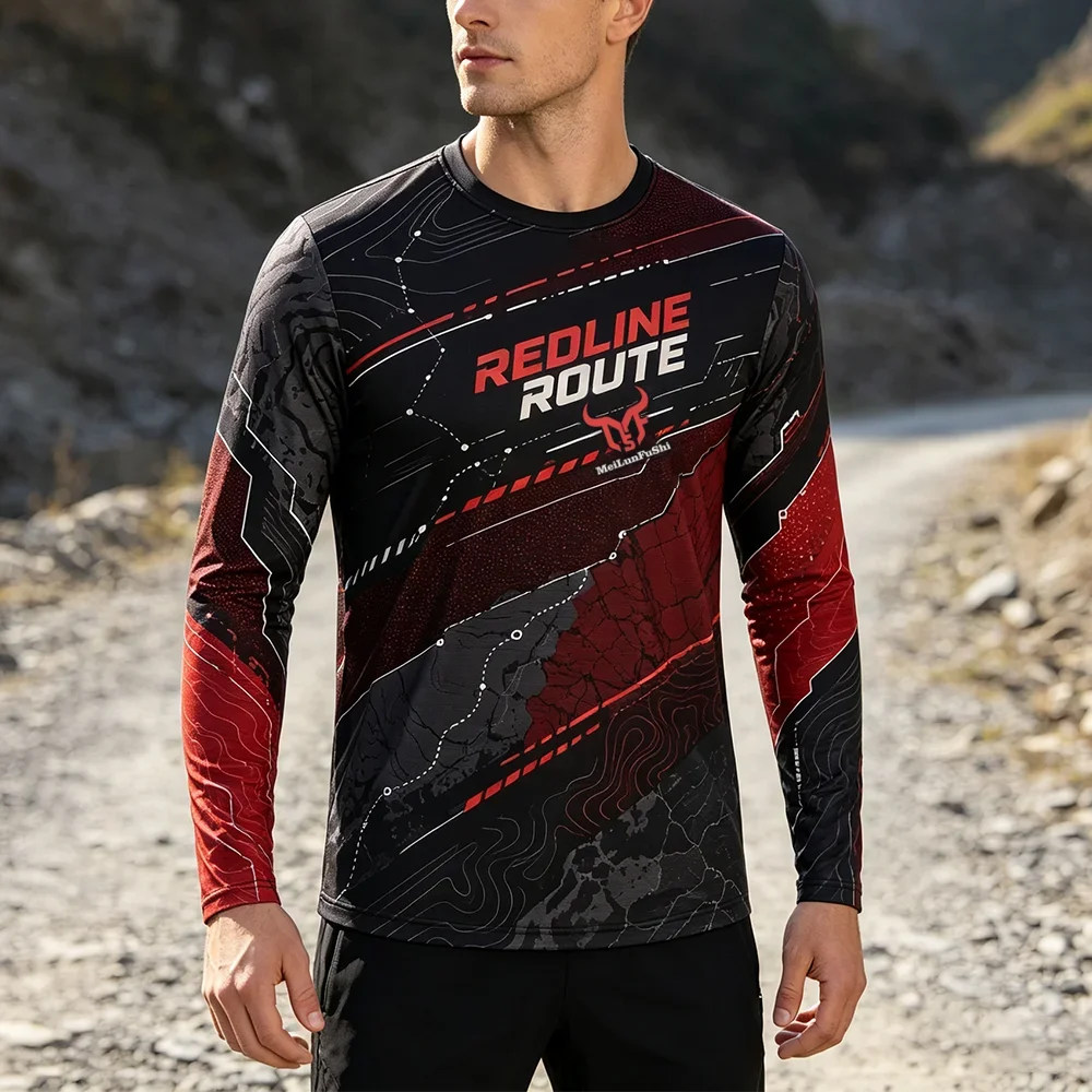 Men Red Black Topographic Print Long Sleeve Tee Redline Route Outdoor Casual Crewneck Quick Dry Breathable Athletic Premium Top