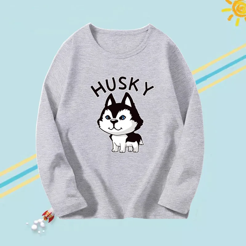 2024 New Fashion Cotton Boys O-Neck T-Shirt Kids Autumn Loose Long Sleeve Shirt European Style Husky Dog Pattern Tops