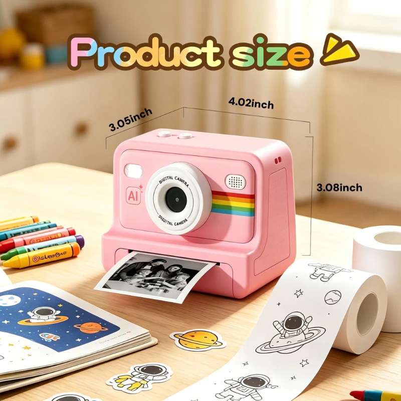 An upgraded AI voice-controlled instant camera featuring 1080p HD effects for taking fun photos. The 5-in-1 AI multifunctional camera kit includes 3 rolls of photo paper, 2 stickers, an 8GB memory card, and a card reader.