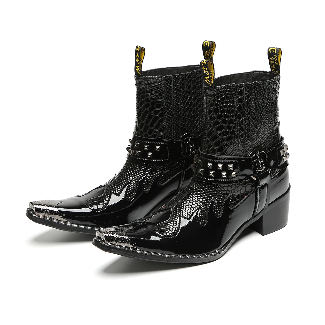 Schwarze Herren-Stiefeletten aus Schlangenleder mit Nietenbesatz, Blockabsatz, auffälliges Design, modische Schuhe für Bars, Bühnen, Streetwear und besondere Anlässe. – Detail 9