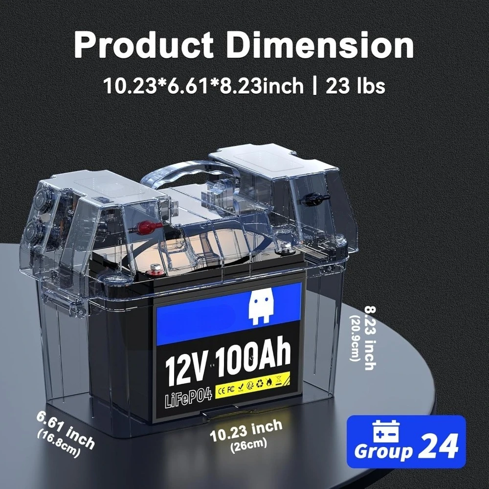 12V 100Ah LiFePO4 Lithium Battery - BCI Group 24, 15000 Cycles, Built-in 100A BMS, Low-Temperature Protection - Ideal for RVs