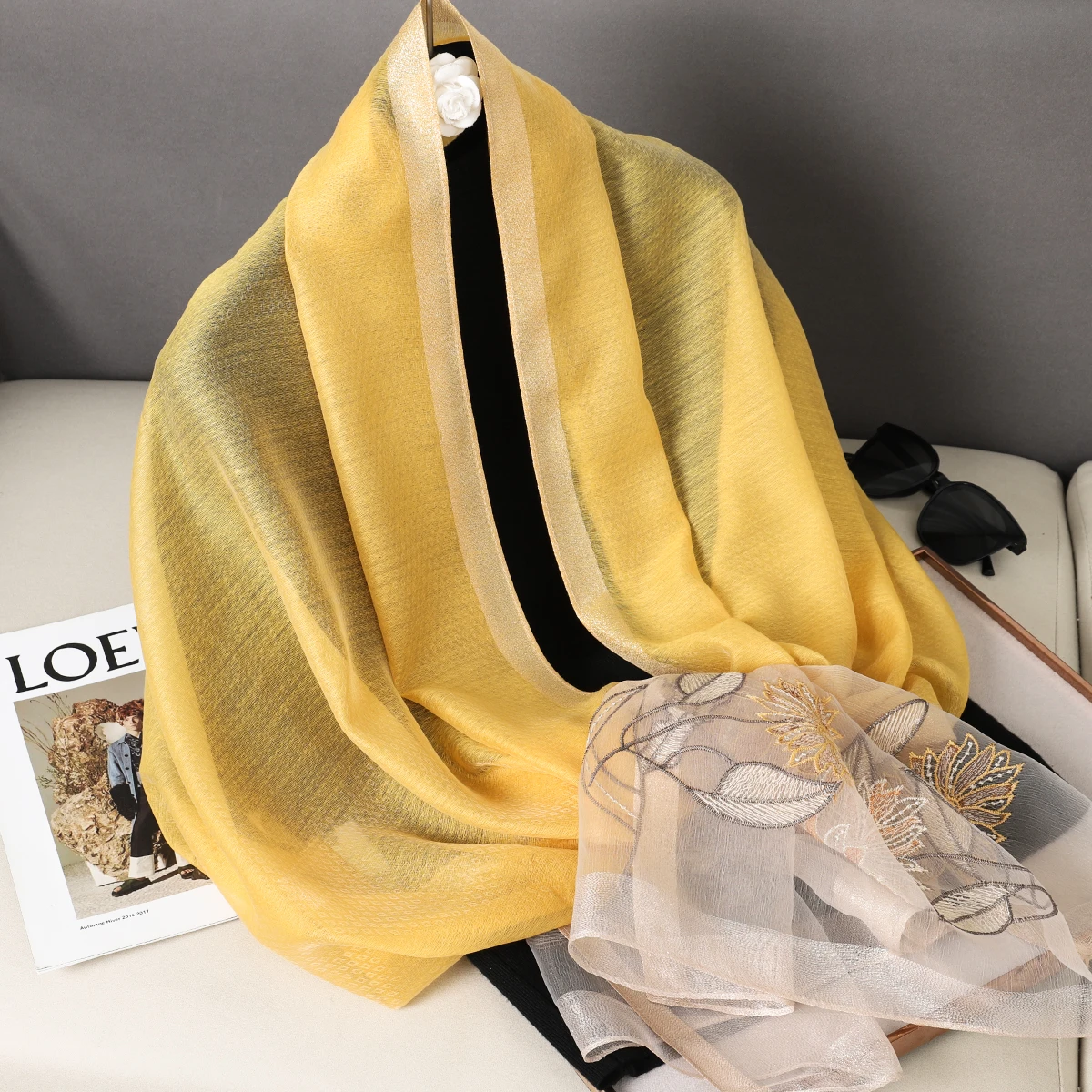 Double-Color Matching Women Scarf 70*190 Cm Female Fashion Cut Flower Hollow Petal Imitation Silk Wool Scarf Versatile Scarf