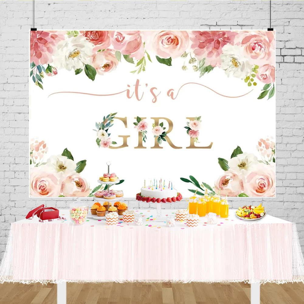 It's a Girl Baby Shower Photo Background A Sweet Baby Girl is on Her Way Photography Backdrop Princess Party Flowers Decorations